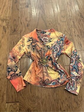 Y2K Boho Chic paisley snake print rhinestone V-neck top M Going Out Top Vintage